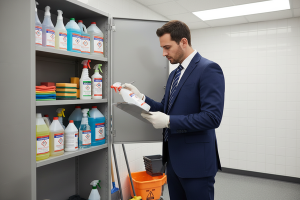 Man inspecting janitorial chemical cabinet